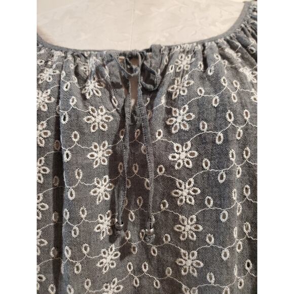 Ralph Lauren Chaps Sheer Eyelet 3/4 Sleeve Peasant Top Size L Tie Neck Cottage - Picture 5 of 11